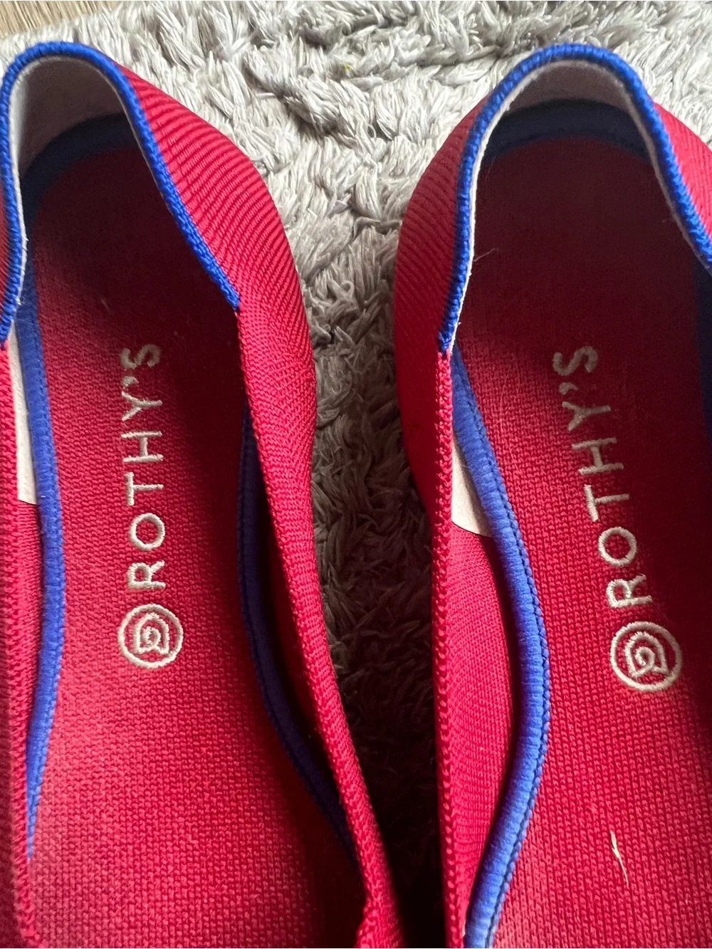 Rothy's Red Knit Pointed Ballet Flats with Blue Trim